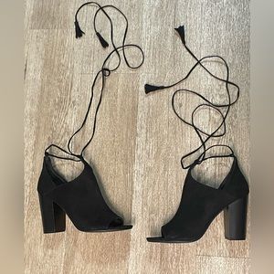 Just Fab black suede string up heels